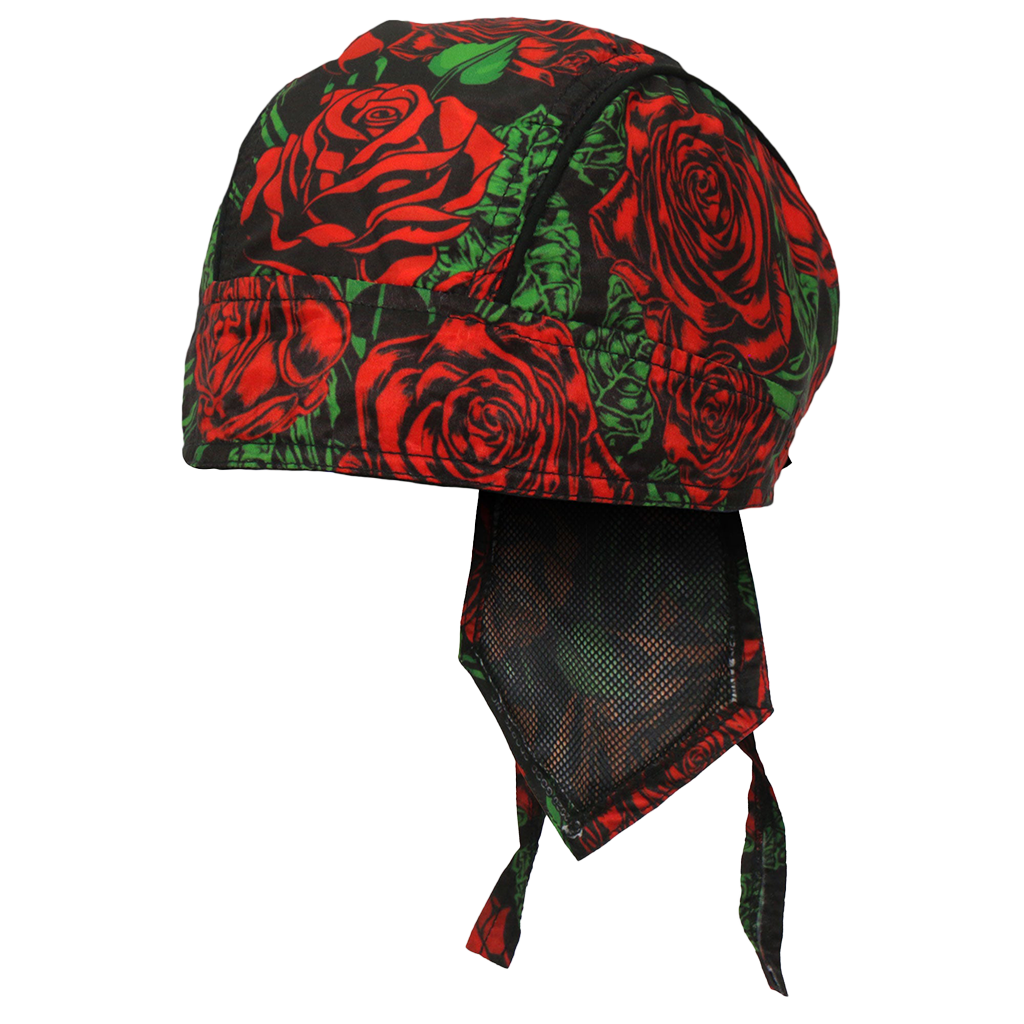 Lightweight black head wrap covered in red roses and green leaves with tie-back straps.