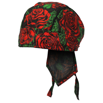 Lightweight black head wrap covered in red roses and green leaves with tie-back straps.