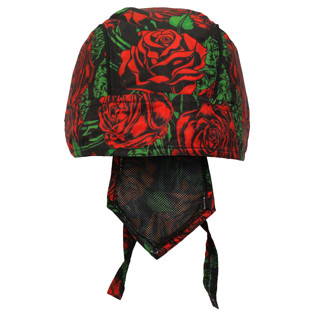 Front view of the red roses motorcycle head wrap.