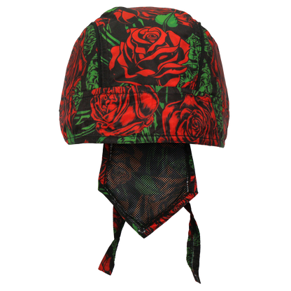 Front view of the red roses motorcycle head wrap.