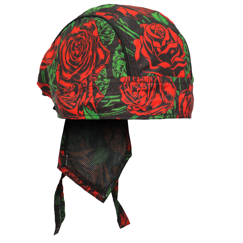 Back view showing the black mesh panel and rose-patterned ties.