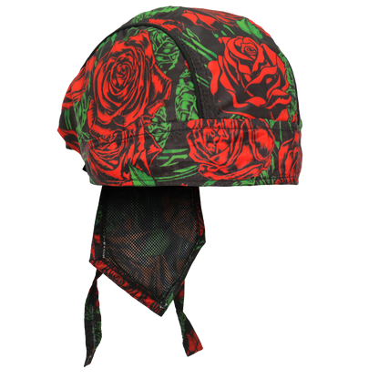 Back view showing the black mesh panel and rose-patterned ties.