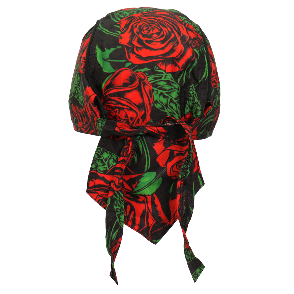 Side view of the black head wrap with red rose artwork.