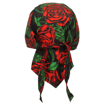 Side view of the black head wrap with red rose artwork.