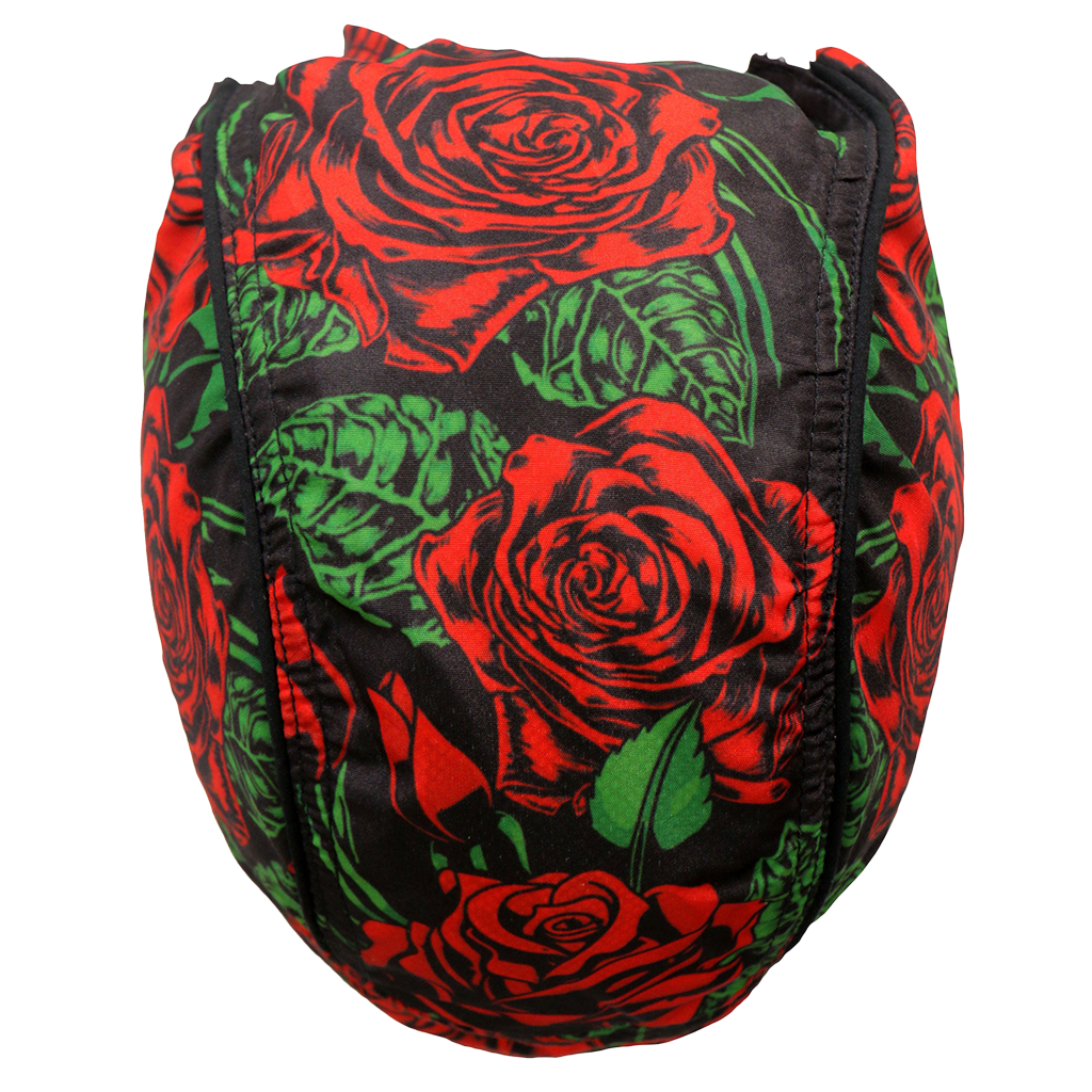 Top view showing the allover red roses and green leaves design.