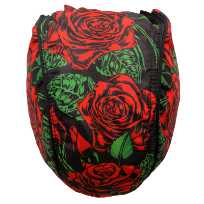 Top view showing the allover red roses and green leaves design.