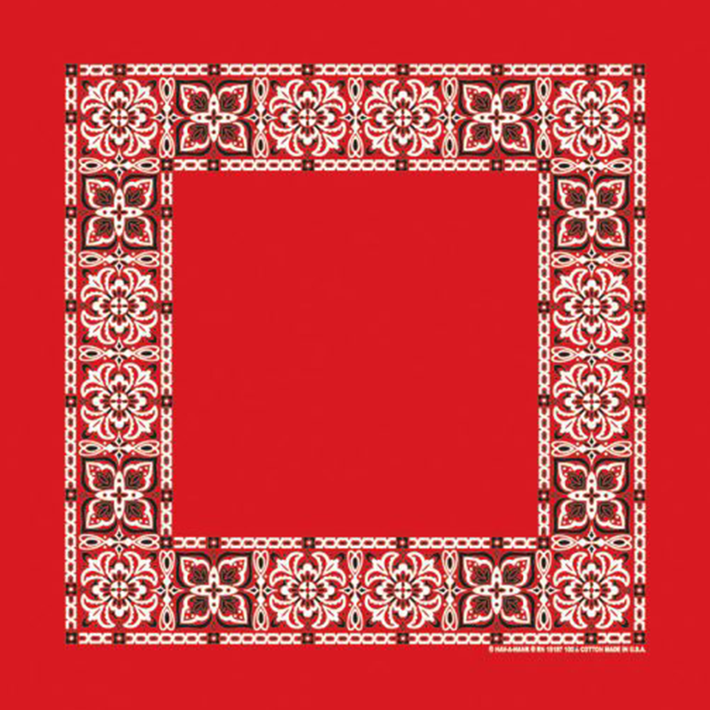 A red and white open center flower patterned bandana with rolled-hem edges.