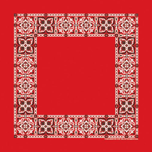 A red and white open center flower patterned bandana with rolled-hem edges.
