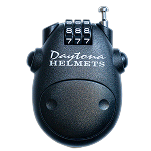 A retractable cable helmet lock with a metal body and three-number combination dial.