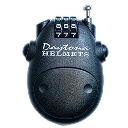 A retractable cable helmet lock with a metal body and three-number combination dial.