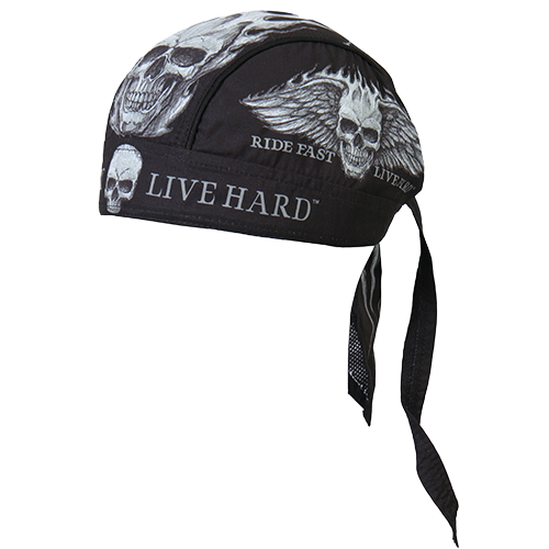 Black skull-themed head wrap with 'Live Hard' and 'Ride Fast' text.