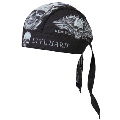 Black skull-themed head wrap with 'Live Hard' and 'Ride Fast' text.
