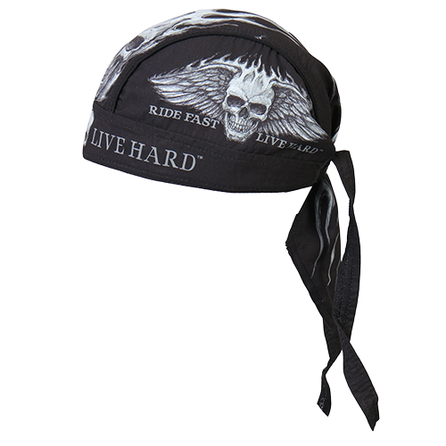 Black head wrap with skull and wings design and text.