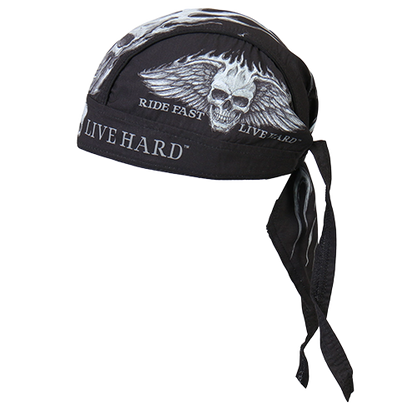 Black head wrap with skull and wings design and text.