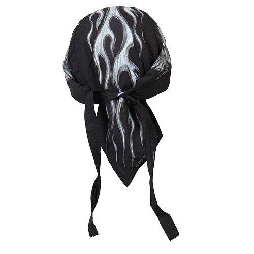 Black headwrap with white flame pattern the back side.