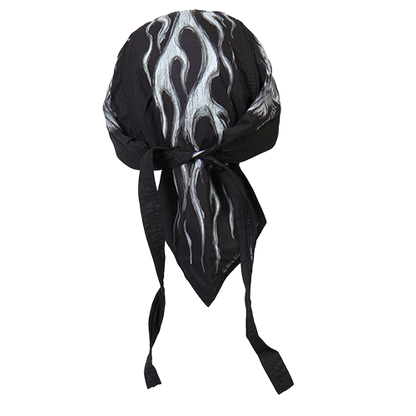 Black headwrap with white flame pattern the back side.