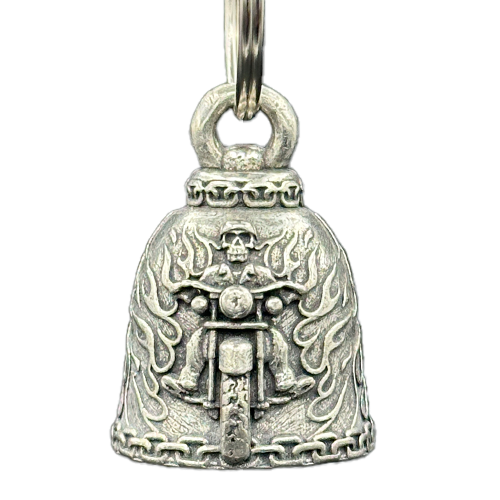 A silver bell with an engraved outlaw skull biker design on one side and the phrase 'Ride It Like You Stole It' on the back, attached to a nickel-plated split ring.