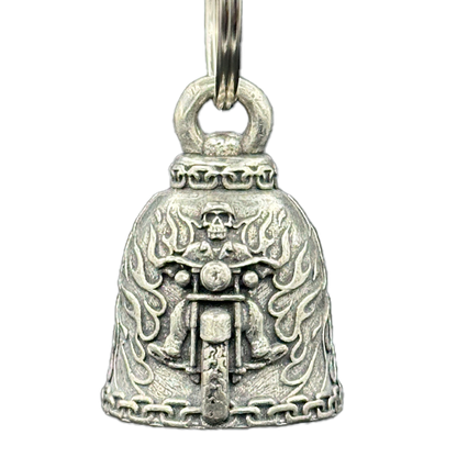 A silver bell with an engraved outlaw skull biker design on one side and the phrase 'Ride It Like You Stole It' on the back, attached to a nickel-plated split ring.
