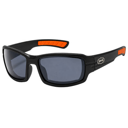Roadflare smoke-lens padded riding sunglasses with a black wrap frame and orange grips