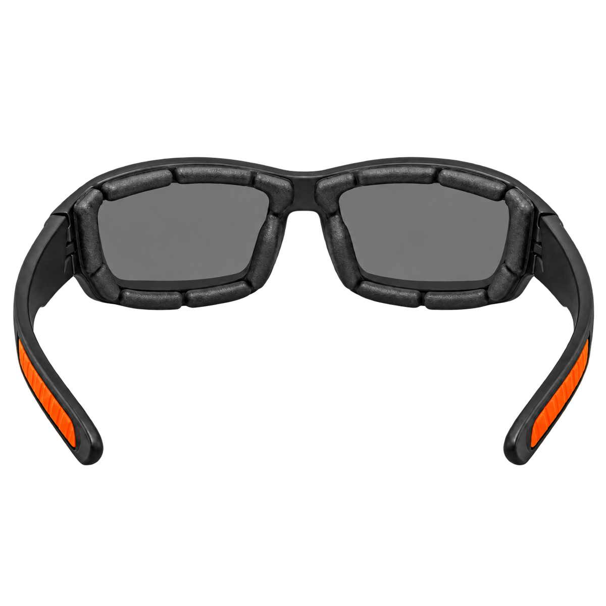 Inside view of Roadflare riding sunglasses showing segmented foam padding and orange temple grips