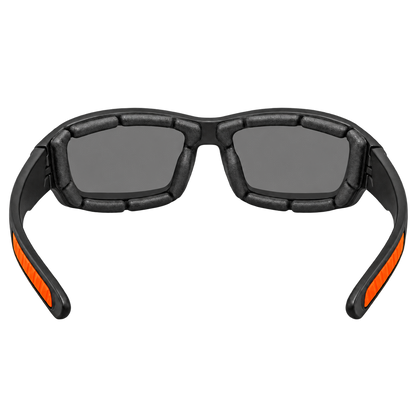 Inside view of Roadflare riding sunglasses showing segmented foam padding and orange temple grips