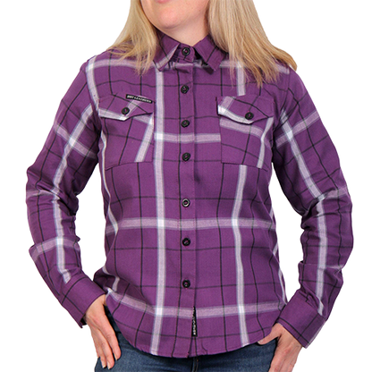 Front of Runaway Rose purple, white and black women’s plaid flannel