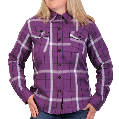Front of Runaway Rose purple, white and black women’s plaid flannel