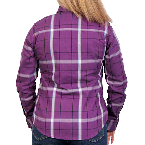 Back of Runaway Rose purple, white and black long-sleeve flannel