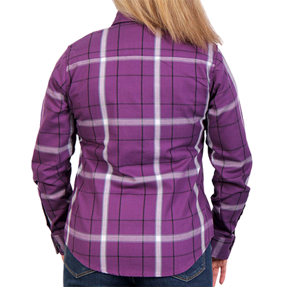 Back of Runaway Rose purple, white and black long-sleeve flannel