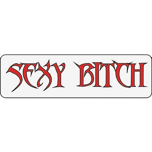 A helmet sticker with the text 'SEXY BITCH' in bold red and black gothic-style font on a white background.