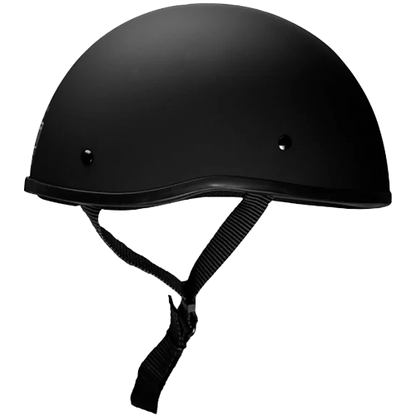 A flat black beanie helmet with an ear peak and quick release straps, designed for motorcycle riders.
