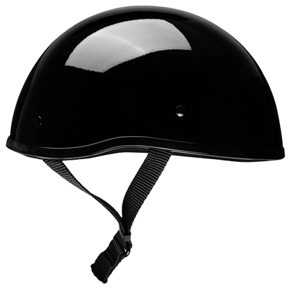 A gloss black beanie helmet with quick-release straps.