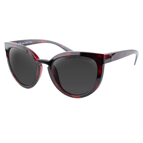 Sunglasses with red tortoiseshell frame and dark lenses