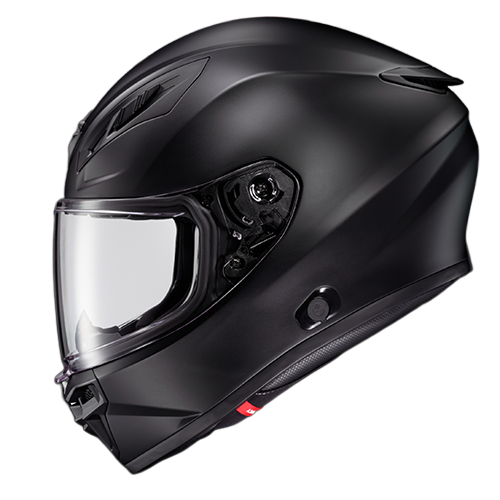 Black motorcycle helmet with clear visor.
