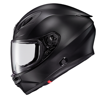 Black motorcycle helmet with clear visor.