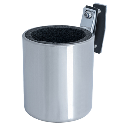 Metal cup holder with black foam padding.