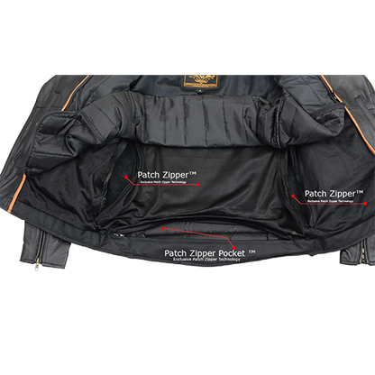 Classic black leather riding jacket with zip-out liner and patch access