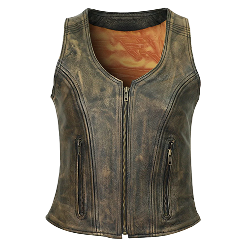 Women's scoop neck leather vest in distressed brown with zippered front closure and side waist pockets.