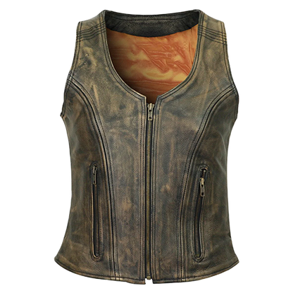 Women's scoop neck leather vest in distressed brown with zippered front closure and side waist pockets.
