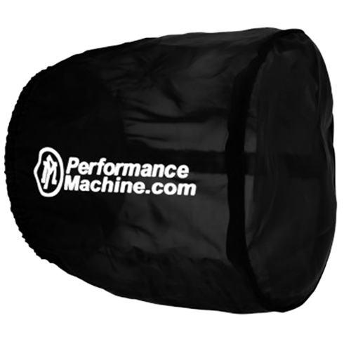A black Performance Machine rain sock designed to cover a C4 motorcycle air cleaner intake