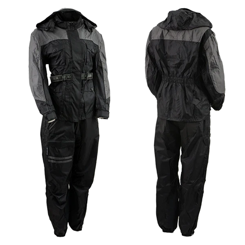 NexGen Women’s Motorcycle Rain Suit With Armor And Hood Front And Back View