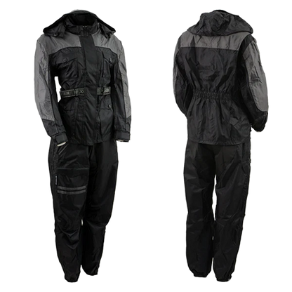 NexGen Women’s Motorcycle Rain Suit With Armor And Hood Front And Back View