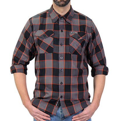Men’s Black Gray And Orange Flannel Long Sleeve Shirt Front View With Sleeves Rolled Up