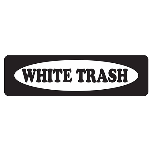 Black helmet sticker with white oval and black text reading white trash