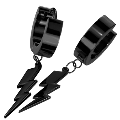 A pair of black hoop earrings with a lightning bolt charm attached.