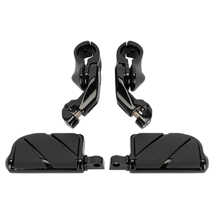 A set of black angled adjustable highway foot pegs with clamps for motorcycles.