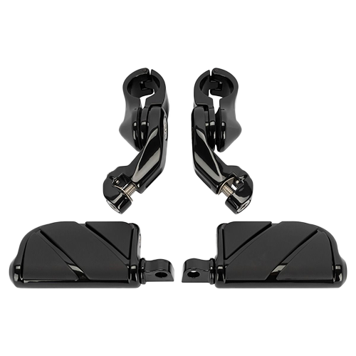 A set of black angled adjustable highway foot pegs with clamps for motorcycles.
