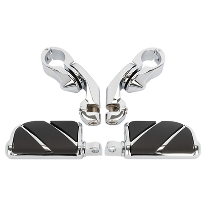 Chrome-plated adjustable motorcycle foot pegs with clamps, designed for mounting on a motorcycle's frame.