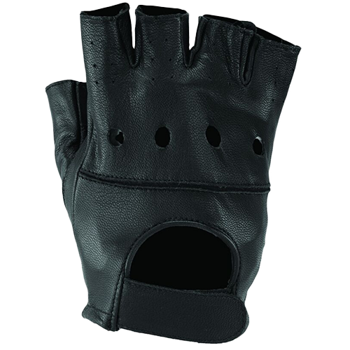 A black leather fingerless glove with padded palm and perforated knucles.