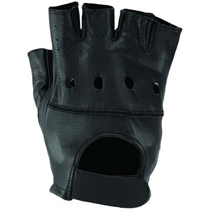 A black leather fingerless glove with padded palm and perforated knucles.